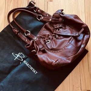 VGUC B MAKOWSKY Brown Leather Satchel. Double Handle w signed Dust Bag.